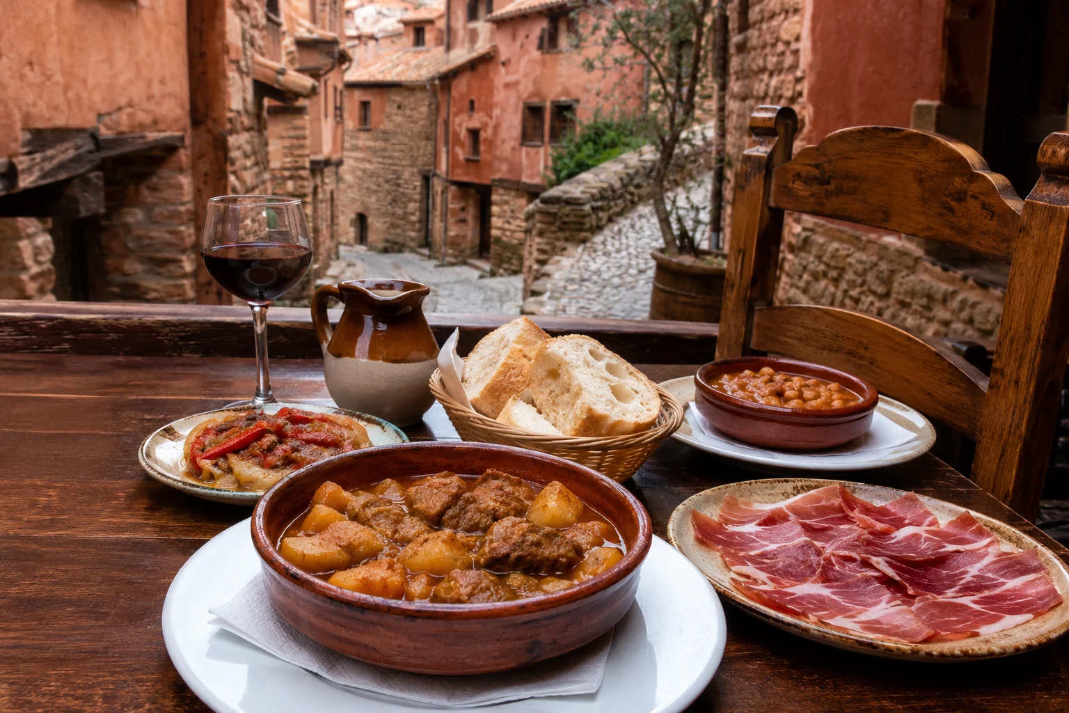 Mesa con comida tradicional aragonesa en un ambiente rústico de Albarracín
