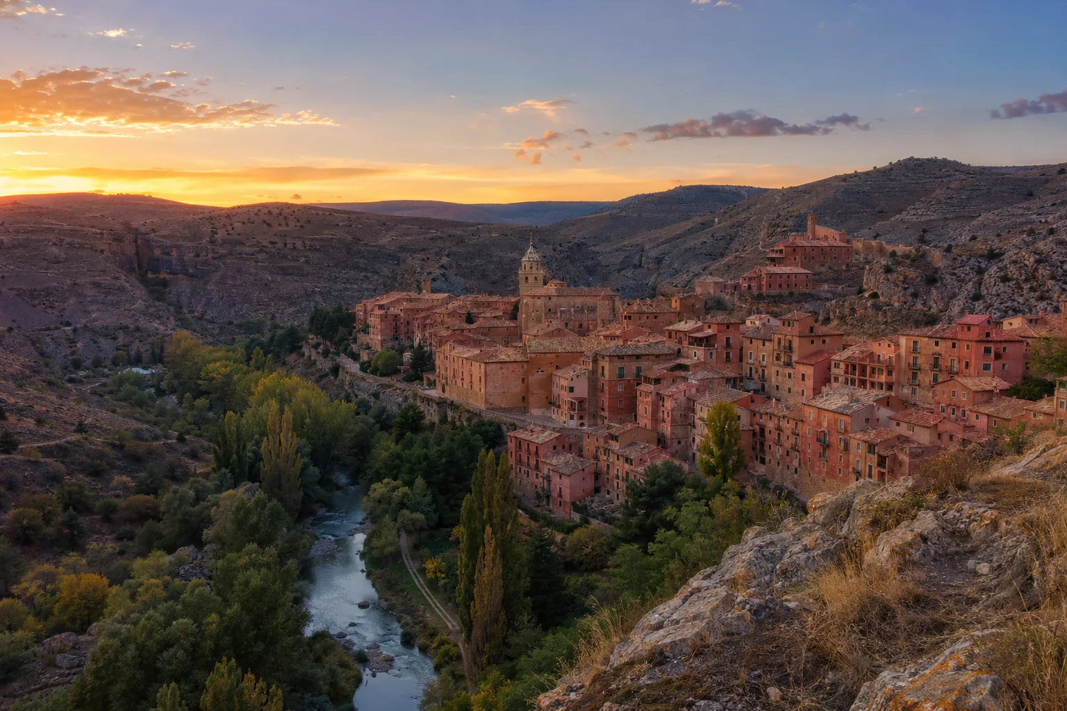 Mirador de Albarracín con panorámica del pueblo y el valle al atardecer