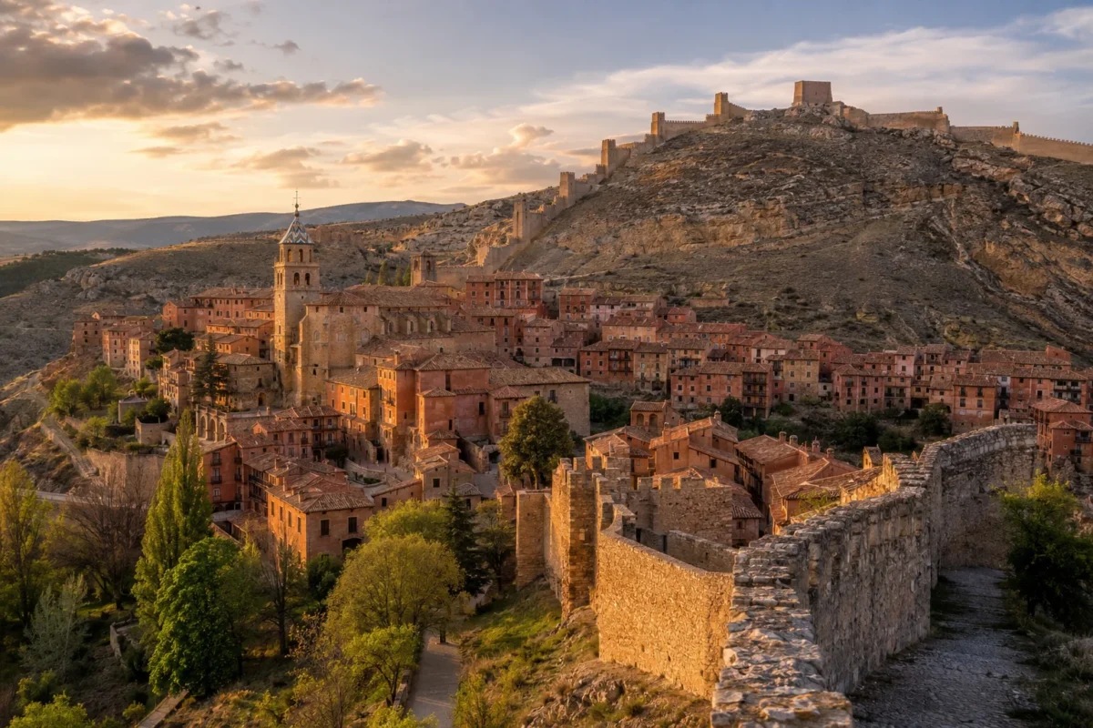 Vista general de Albarracín al atardecer con sus casas rojizas y el casco histórico sobre la colina