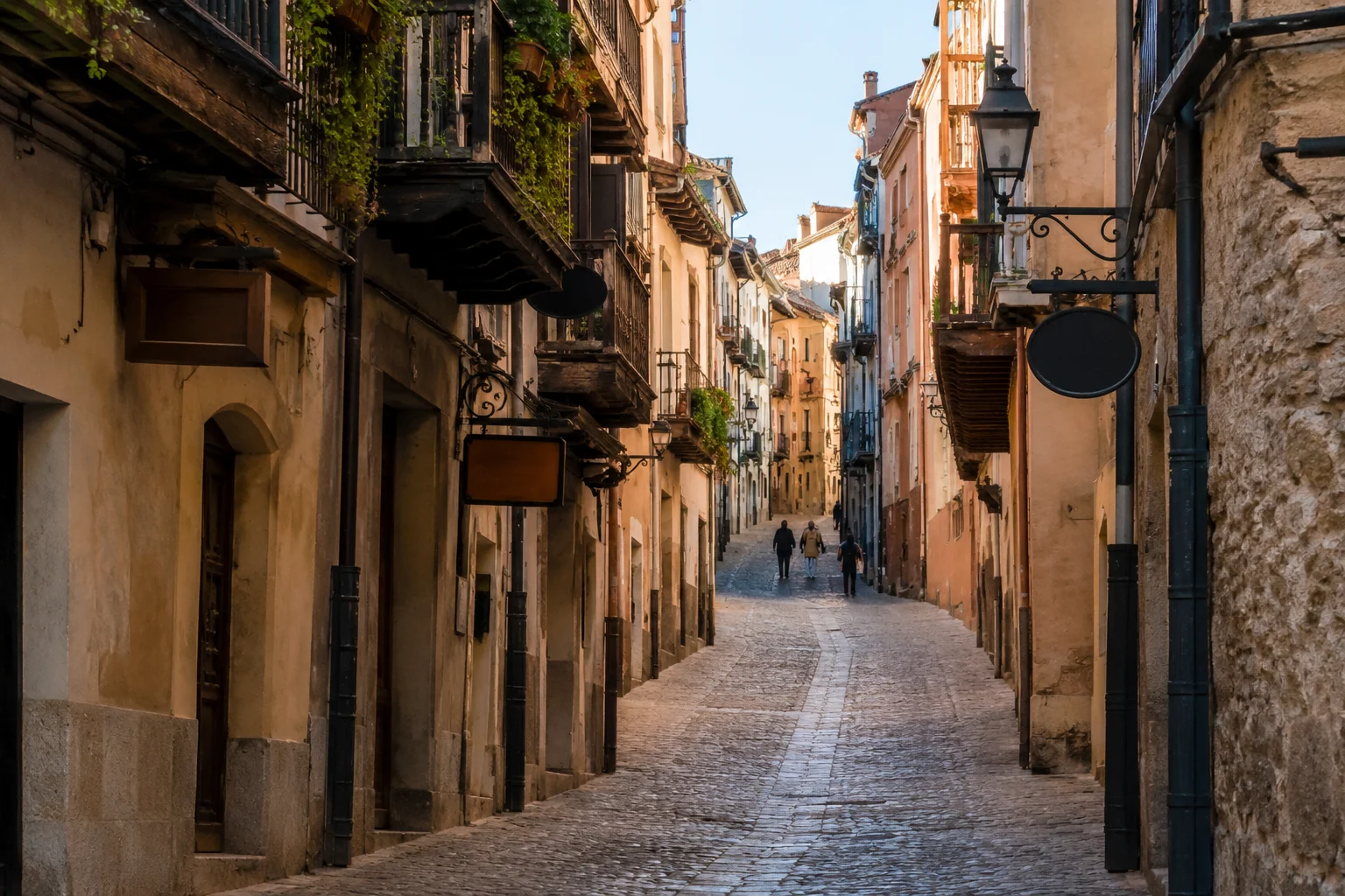 Calle del casco antiguo de Cuenca con fachadas de piedra y suelo empedrado
